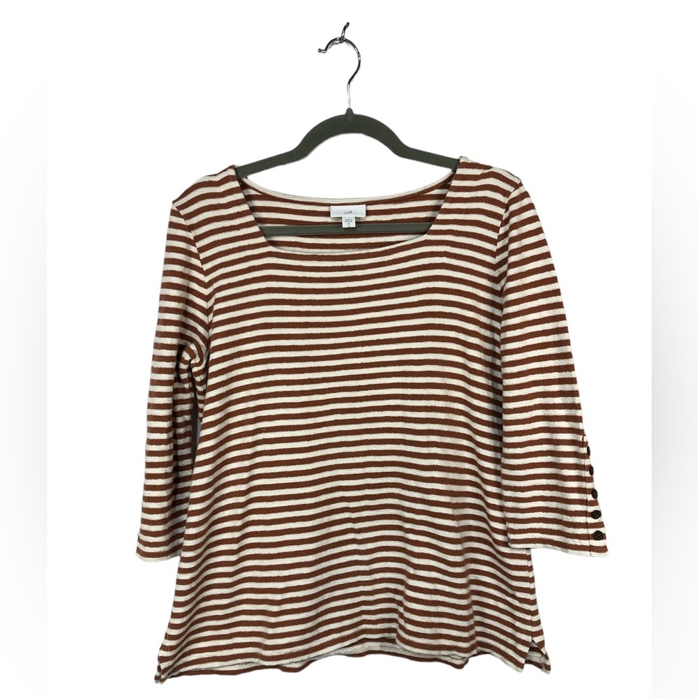 J. Jill Women’s Tee Shirt Buttons On 3/4 Sleeve Stripe Rust/Cream Square Neck